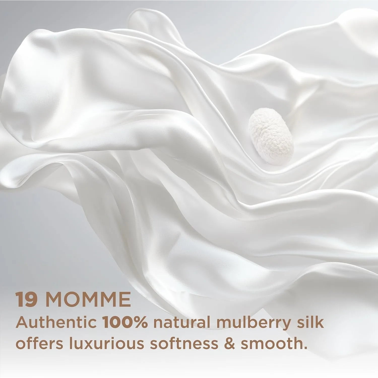 White silk fabric with a stone on a light gray background, featuring text about silk quality.