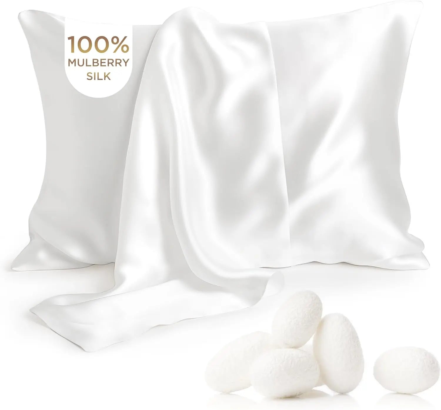 White silk pillowcases and a white silk scarf on a white background with '100% Mulberry Silk' text.