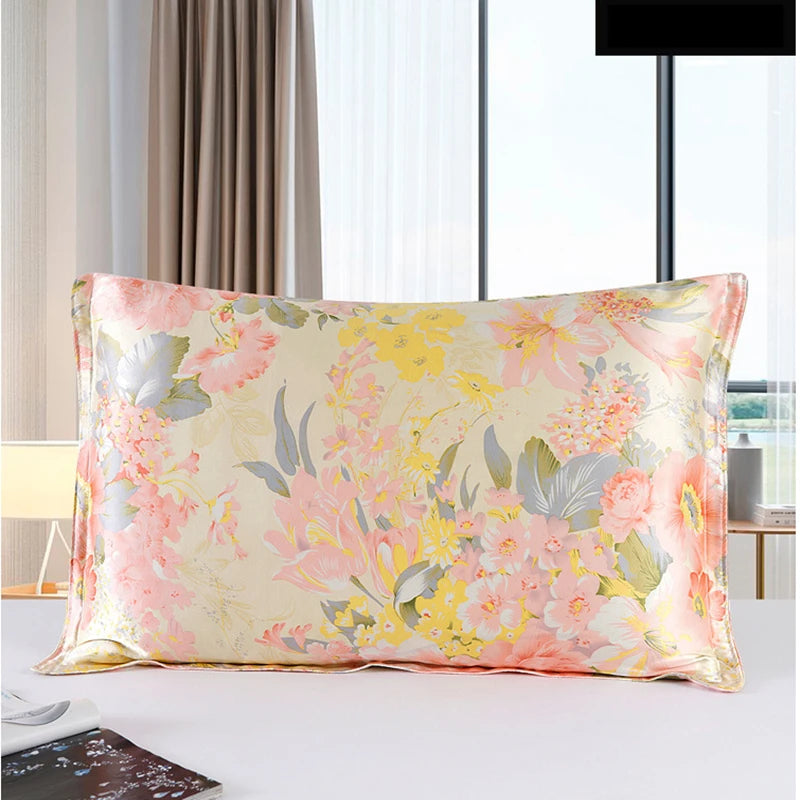 Floral patterned pillow on a bed with a neutral background
