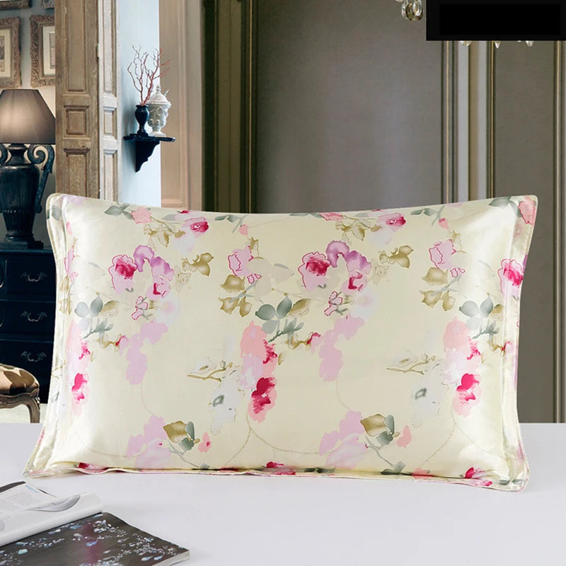 Floral patterned pillow on a bed in a bedroom setting