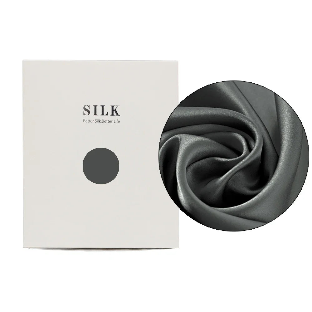 Gray silk fabric with a close-up and a branded box on a white background