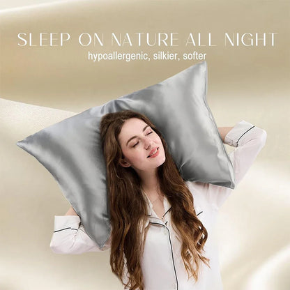 Woman lying on a bed with a gray satin pillow, surrounded by text promoting comfort and hypoallergenic properties.